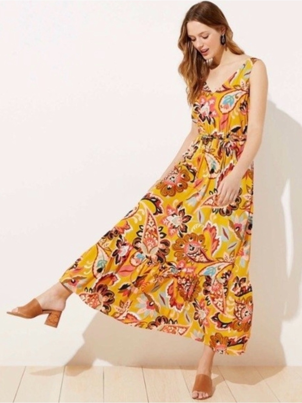 LOFT Floral Yellow Sleeveless Maxi Dress